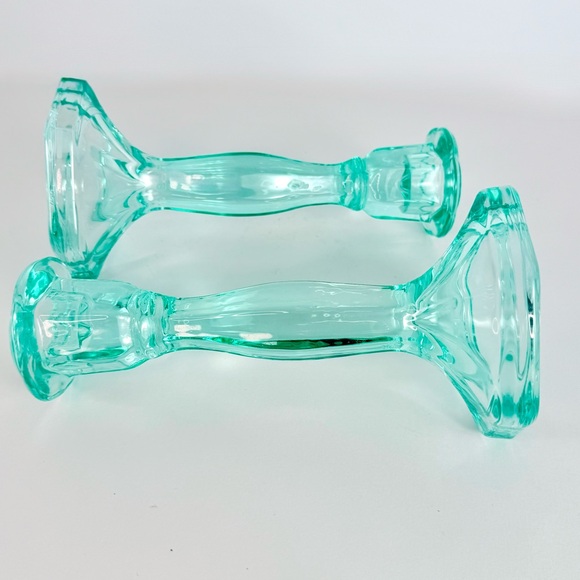 Vintage Set Of 2 Aqua Blue  Art Deco Glass Candlesticks Holders. Mid-Century Mod - Picture 8 of 13